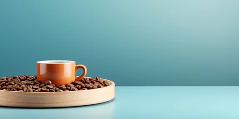 Tuinposter Wooden empty podium for food, products or cosmetics against blue gradient background. Small decorative table for product, display presentation or montage of product such as coffee and tee © Svitlana