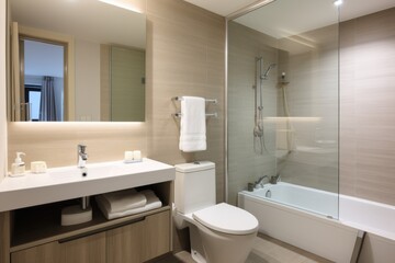 Fototapeta na wymiar fully equipped modern bathroom in a serviced apartment