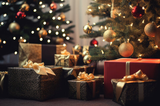 AI generated image of Christmas gift boxes under the Christmas tree at home