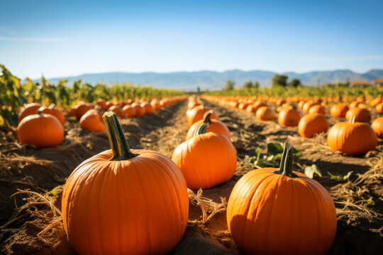 AI generative images of fresh pumpkins at the pumpkin patch on autumn concept