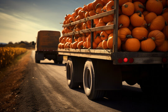 AI generative images of trucks carrying a stack of pumpkins by the country road