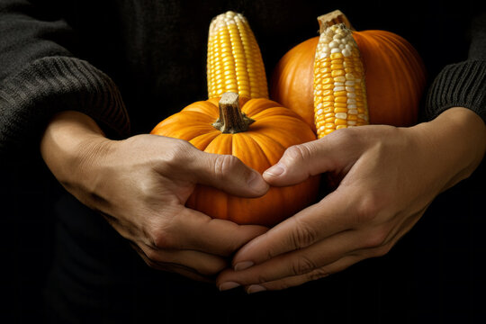 AI generative images of anonymous hands of woman holding pumpkins and corns