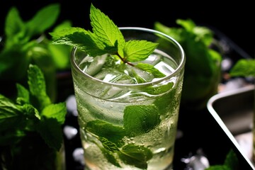 a close-up shot of mint leaves floating in a virgin mojito
