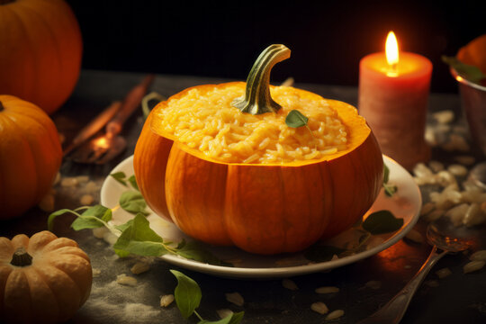 AI generative images of tasty appetizing beautiful pumpkin soup Risotoo baked in the whole carved pumpkin with cheese
