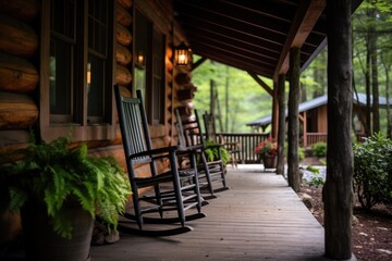 front porch of a rustic woodsy vacation cabin - obrazy, fototapety, plakaty