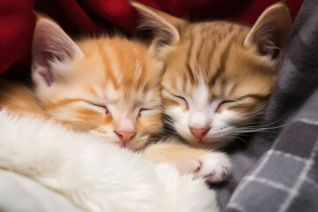 Fototapeta na wymiar two kittens cuddling together while asleep