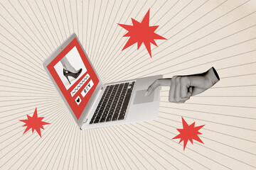 Photo collage of finger click touchpad laptop buy button web service save your money online...