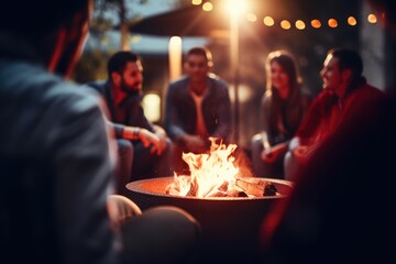 Friends gathering around a fire pit, against a fiery red - Outdoor warmth, bonding during cold nights - AI Generated - obrazy, fototapety, plakaty