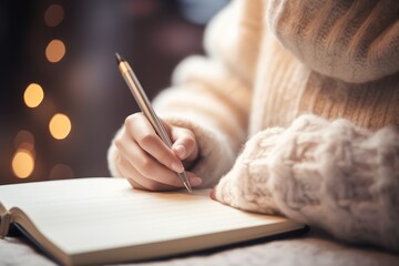 Teenager in a reflective mood, writing in a journal, against a muted gray - Planning for the New Year, introspective winter evenings - AI Generated