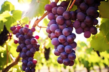 vivid grape clusters hanging from a vine against sunlight