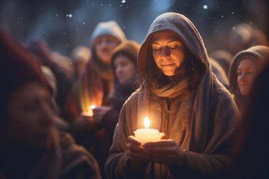 Group participating in a winter solstice ceremony, against a starry night - Ancient traditions, celebrating the longest night - AI Generated