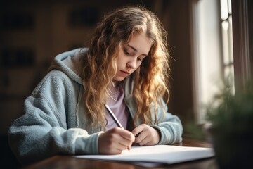 Teenager in a reflective mood, writing in a journal, against a muted gray - Planning for the New Year, introspective winter evenings - AI Generated