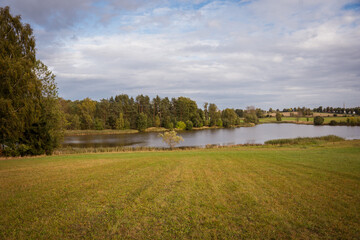 Czech autumn landscape, pond, meadows and forests