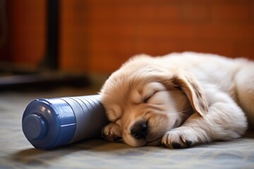 image of sleeping puppy near a sports water bottle
