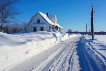 an unplowed snow path leading to a house