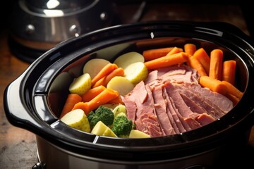 a steaming bowl of corned beef and vegetables cooked in a slow cooker