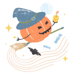 cheerful pumpkin flies on a broom on halloween