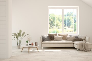 Modern interior concept with sofa and summer landscape in window. 3D illustration