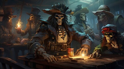 Obraz premium Spooky pirate crew of skeletons on board. Created with Generative Ai technology.