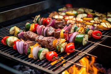 barbeque grill, loaded with sizzling vegetables and meats