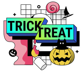 Naklejka premium Trick or treat and cat in pumpkin