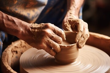 hands shaping clay on pottery wheel - obrazy, fototapety, plakaty
