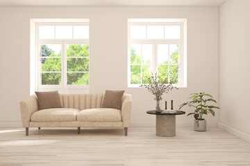White living room with sofa and summer landscape in window. Scandinavian interior design. 3D illustration
