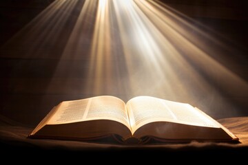 an open bible with a beam of light shining on it