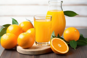 fresh oranges next to a glass of fresh juice