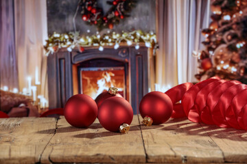 Desk of free space and christmas balls decoration. Home interior with fireplace and christmas tree. 