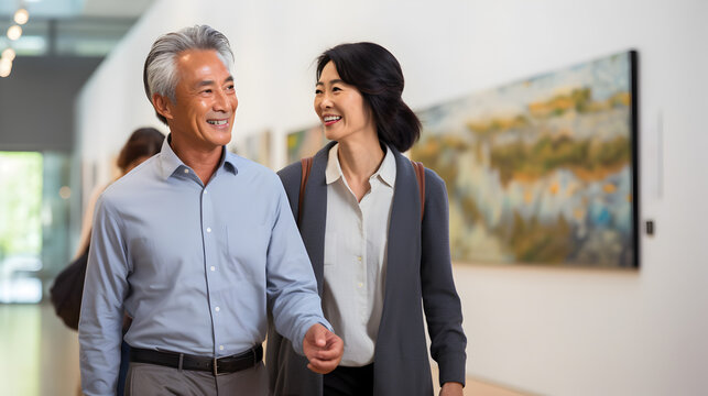 Happy senior chinese, asian couple walking together through an art gallery