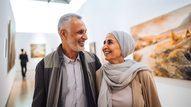 Happy senior arab couple walking together through an art gallery