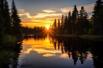 sundown over calm lake surrounded by trees