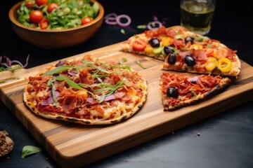 pizzas sliced in halves on two separate boards