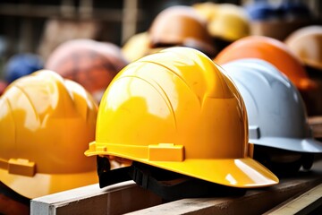 a pile of safety helmets in various colors