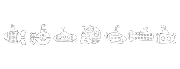 Set of hand drawn submarines. Vector illustration in doodle style. Isolated on a white background. Summer vibe