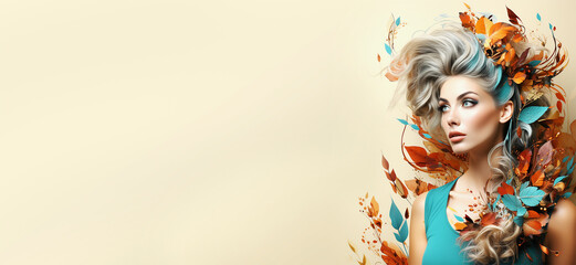 Beige fashion banner with beautiful blonde women with autumn leaves and blue flowers, border