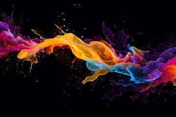Abstract Colorful Splattering Lines on Black Background, Watercolor