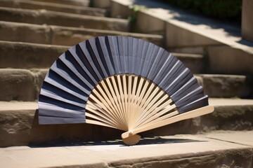 tai chi bamboo fan closed, lying on stone steps