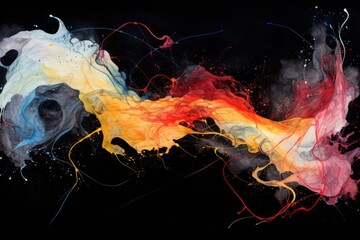 Abstract Colorful Splattering Lines on Black Background, Watercolor