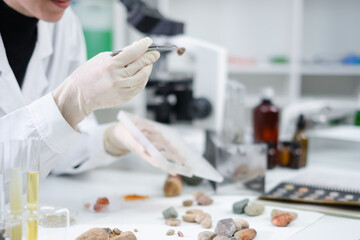 A female geologist or archaeologist is picking up an sample of rock or mineral in paleontology,...