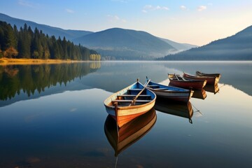 regular boats anchored in a serene lake