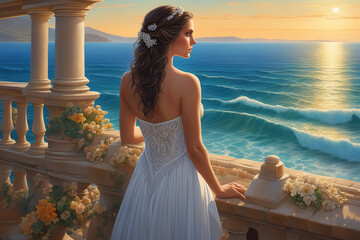 A painting with a woman in a pink dress looking out to sea - Generative AI