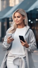 Fashionable Blonde Woman Using Her Smartphone. Fictional characters created by Generated AI.