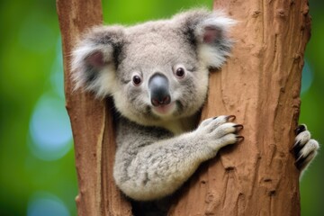 a koala clinging to a tall eucalyptus tree
