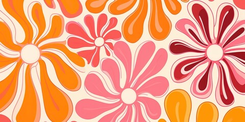 Groovy 1970s vintage retro floral pink flower power illustration with orange and pink colors