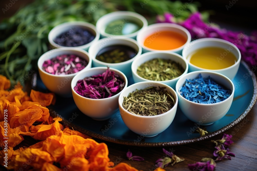 Canvas Prints herbal tea assortment in vibrant, colorful teacups