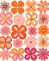 Groovy 1970s vintage retro floral pink flower power illustration with orange and pink colors