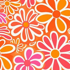 Groovy 1970s vintage retro floral pink flower power illustration with orange and pink colors