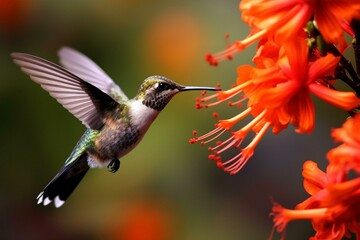 A hummingbird perched on a flower, captured up close. Generative AI